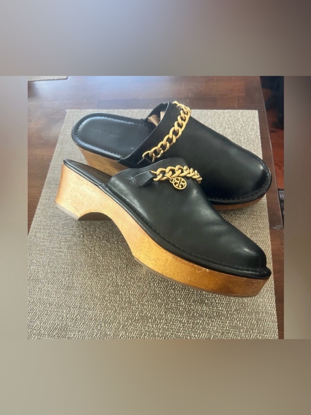Tori Burch Mini Benton Clogs on Black Leather with Gold Accent Chain